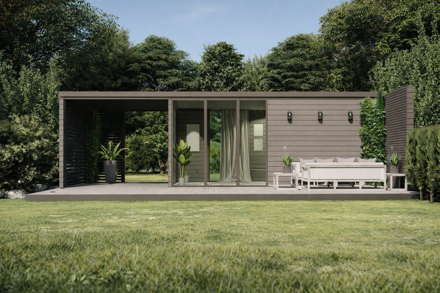 Garden-facing modular cabin exterior